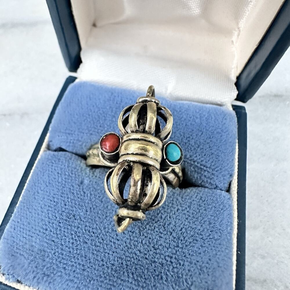 Tibetan Silver Vajra Spinner Ring Coral Turquoise Vintage Dorje Size 7.5